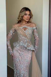 Fashionable Pink Mermaid Strapless Off-The-Shoulder Beaded Long Sleeves Panel Train Satin Tulle Prom Dresses